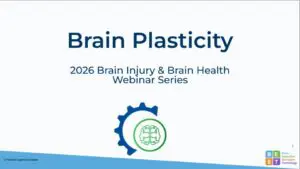 Webinar name with half cog and a brain graphic with neurons