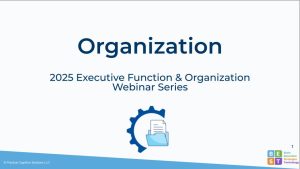 Webinar title with a half cog and a file folder with paper sticking out.